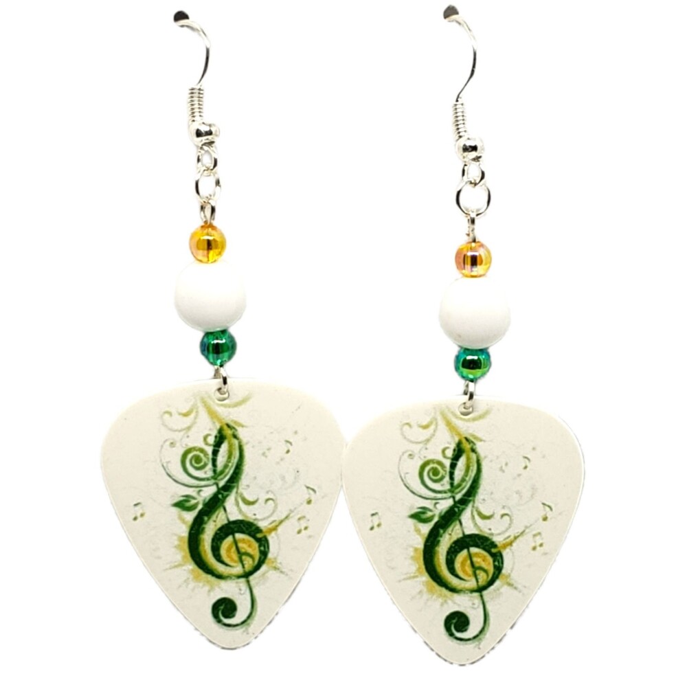 Green Treble Clef Music Note on Guitar Pick Beaded Earrings - Handmade in USA